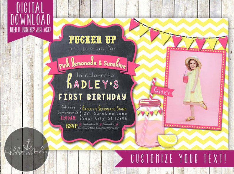 Pink Lemonade Birthday Invitation, Lemonade & Sunshine Invite, Photo Printable DIY image 1