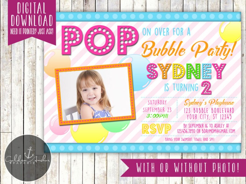 Bubble Birthday Invitation, Bubbles Birthday Invite, Bubble Party, Rainbow Bubbles, Photo Printable DIY image 4