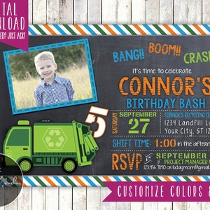 Garbage Truck Birthday Invitation, Trash Truck Invite, Photo - Printable DIY