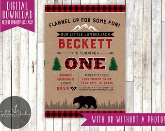 Invitación de cumpleaños de leñador, invitación para fiesta en el bosque, cuadros rojos de búfalo, bosque, camping, oso, foto - Imprimible DIY