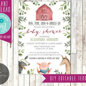 Farm Baby Shower Invitation, Farm Animal Baby Shower, Farm Invitation, Barnyard Baby Shower - Printable DIY - EDITABLE TEMPLATE