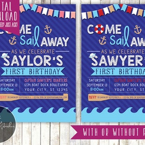 Sailor Birthday Party Invitation, Nautical Invite, Photo - Printable DIY