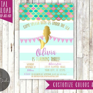 Mermaid Birthday Invitation, Mermaid Invitation, Mermaid Party, Under the Sea, Purple, Coral, Teal, Mermaid, Gold, Photo Printable image 2