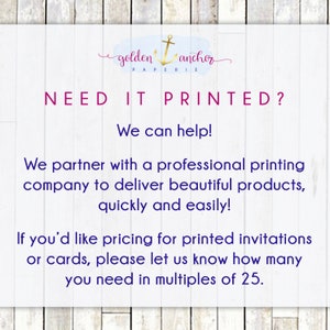 K&ouml;nnte beinhalten: Wei&szlig;er Hintergrund mit Text, der lautet: "golden anchor PAPERIE NEED IT PRINTED? We can help! We partner with a professional printing company to deliver beautiful products, quickly and easily! If you'd like pricing for printed invitations or cards, please let us know how many you need in multiples of 25."
