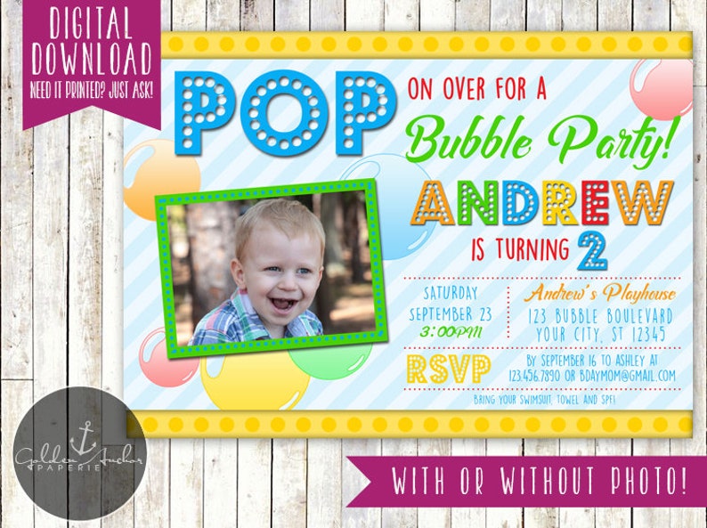 Bubble Birthday Invitation, Bubbles Birthday Invite, Bubble Party, Rainbow Bubbles, Photo Printable DIY image 2