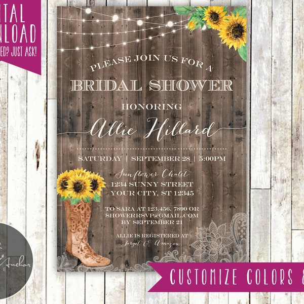 Rustic Sunflower Bridal Shower Invitation, Cowboy Boots, Baby Shower Invite, Birthday Party - Printable DIY