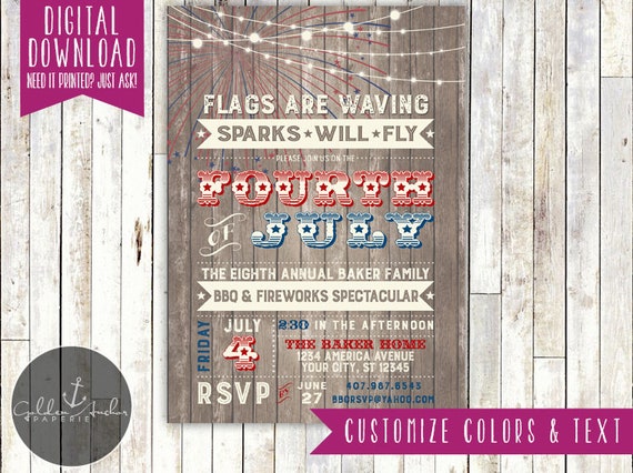 Printed or Printable Independence Day Barbecue Invite Grill Fireworks Backyard BBQ 4th of July Invitations