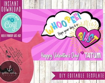 Whoopee Cushion Valentine Gift Tags, Whoopee Cushion Holder, Whoopie Cushion Valentines Card, School Valentine, Girl, DIY Editable Template