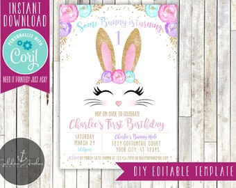 Easter Bunny Birthday Invitation, Floral, Easter Birthday, Some Bunny, Photo - Printable DIY - EDITABLE TEMPLATE