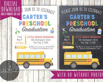 May include: Two printable invitations for a preschool graduation party. The invitations are designed to look like a chalkboard and a white board. The invitations feature a yellow school bus, scissors, glue, a pencil, and the text "Carter's Preschool Graduation".