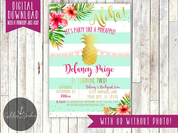 Pineapple Birthday Invitation, Pineapple Party, Summer Birthday, Luau, Tropical, Party Like A Pineapple, Gold, Photo - Printable DIY Il_570xn