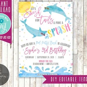Editable Dolphin Pool Party Birthday Invitation, Dolphin Birthday, Pool Party, Dolphin, Under the Sea - Printable DIY - EDITABLE TEMPLATE