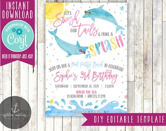 Editable Dolphin Pool Party Birthday Invitation, Dolphin Birthday, Pool Party, Dolphin, Under the Sea - Printable DIY - EDITABLE TEMPLATE