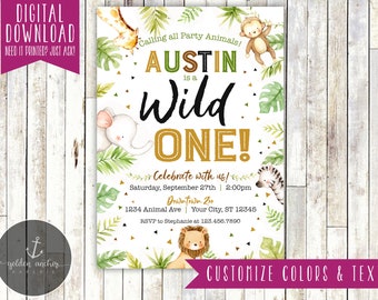 Wild ONE Birthday Party Invitation, Zoo Animals, Jungle Animals, Safari, Invite, Photo - Printable DIY