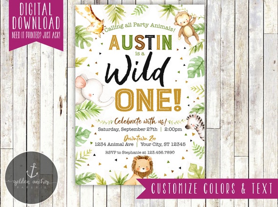 Download Wild One Birthday Party Invitation Zoo Animals Jungle Animals Safari Invite Photo Printable Diy By Golden Anchor Paperie Catch My Party