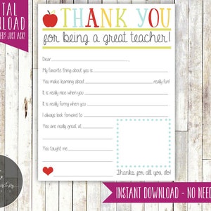 May include: Printable thank you card for a teacher with a red apple, colorful text, and blank lines for writing a message. The text says "Thank You for being a great teacher!" and "Thanks for all you do!"