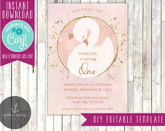 May include: Pink and gold printable first birthday party invitation with a white swan illustration. The invitation says "Our Sweet Girl" and "Emmeline is turning One".