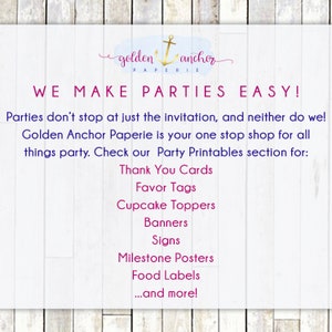 Może przedstawiać: Białe drewniane tło z r&oacute;żowym tekstem nałożonym na wierzch, kt&oacute;ry brzmi "Golden Anchor Paperie WE MAKE PARTIES EASY!"  Imprezy nie kończą się na zaproszeniu, i my też nie! Golden Anchor Paperie to Tw&oacute;j jedyny sklep ze wszystkim, co potrzebne do organizacji imprezy. Sprawdź naszą sekcję drukowanych materiał&oacute;w na imprezy, aby znaleźć: Kartki z podziękowaniami, Etykiety na upominki, Toppery na babeczki, Banery, Tabliczki, Plakaty z kamieniami milowymi, Etykiety na jedzenie, ...i wiele więcej!"