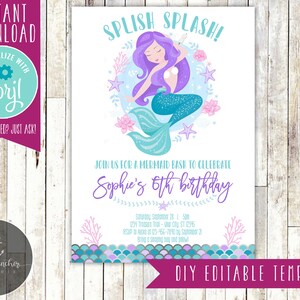 Pu&ograve; includere: Un invito di compleanno di sirena stampabile con una sirena viola con coda turchese, circondata da fiori rosa e blu e stelle marine. Il testo recita "Splish Splash! Unisciti a noi per una festa di sirene per celebrare il 6&deg; compleanno di Sophie".