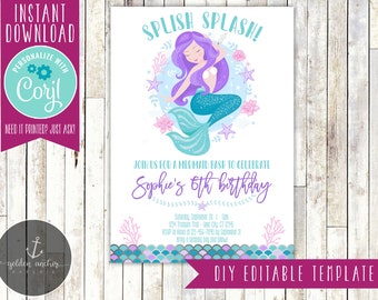 Editable Mermaid Birthday Invitation, Mermaid Birthday, Mermaid Invite, Sleepover Party, Girl Birthday - Printable DIY - EDITABLE TEMPLATE