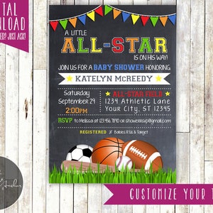 Sports Baby Shower Invitation, Baseball Invite, Football, Soccer, Basketball - Printable DIY