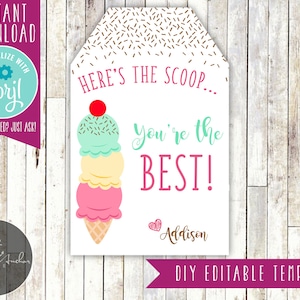 Teacher Gift Tag Ice Cream Gift Tag, You're the BEST, Teacher Appreciation, COOL, Sweet Printable DIY image 1
