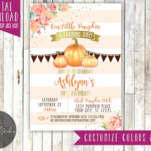 Little Pumpkin Birthday Invitation, Fall Birthday Invite, Floral, Glitter, Gold - Printable DIY