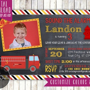 Fire Truck Birthday Invitation, Firetruck Invite, Photo - Printable DIY