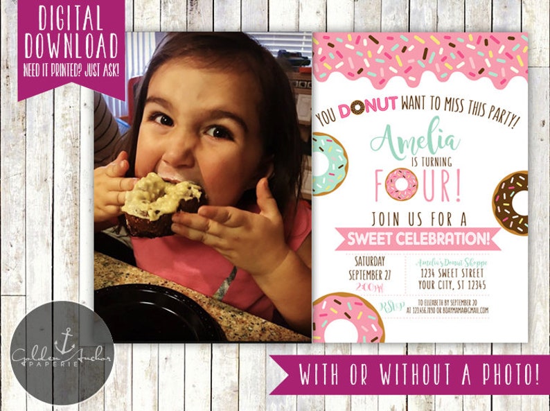 Donut Birthday Invitation, Donuts, Donut Party, Donut Birthday, Invite, Photo Printable DIY image 1