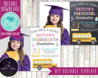 May include: A collection of DIY editable graduation announcement templates. The designs feature a child in a graduation cap and gown, a yellow school bus illustration, and text that reads "Caitlyn's Preschool Graduation" and "Caitlyn's Kindergarten Graduation".