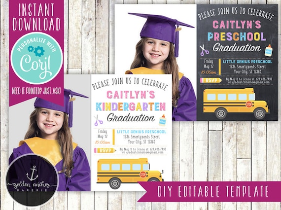 Girl Preschool Graduation Invitation, Girl Kindergarten Graduation Invitation, Photo - EDITABLE TEMPLATE Il_570xn