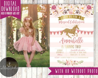 Unicorn Invitation, Glitter Unicorn Invitation, Unicorn Birthday Invitation, Floral Birthday Invite, Unicorn Party Invite, Photo - Printable