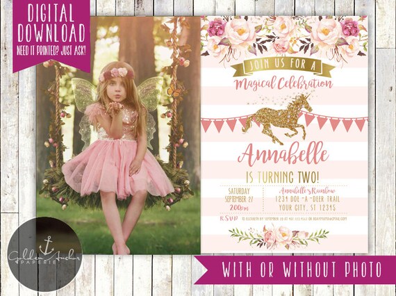 Unicorn Invitation, Glitter Unicorn Invitation, Unicorn Birthday Invitation, Floral Birthday Invite, Unicorn Party Invite, Photo - Printable