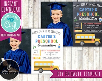 May include: A printable invitation for a preschool graduation party. The invitation is decorated with a yellow school bus, scissors, and glue. The text on the invitation reads "Please join us to celebrate Carter's Preschool Graduation".