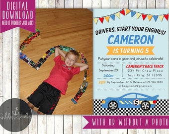 Race Car Birthday Invitation, Racecar Birthday Invite, Photo - Printable DIY