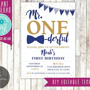Editable Mr. ONEderful Birthday Invitation, Mister ONEderful Birthday, First Birthday Party, Boy Invite - Printable DIY - EDITABLE TEMPLATE