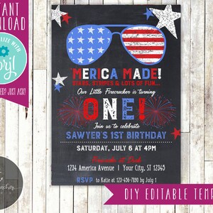 Editable 4th of July Birthday Invitation, Little Firecracker, &#39;Merica Made, Fourth of July Birthday Invite-Printable DIY - EDITABLE TEMPLATE