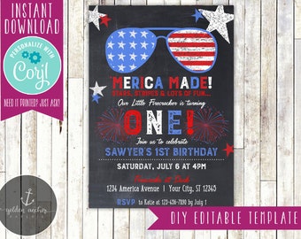 Editable 4th of July Birthday Invitation, Little Firecracker, 'Merica Made, Fourth of July Birthday Invite-Printable DIY - EDITABLE TEMPLATE