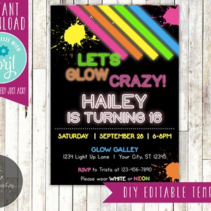 Editable Glow Birthday Invitation, Glow Birthday Party Invite, Glow in the Dark, Blacklight, Sweet 16 -Printable DIY - EDITABLE TEMPLATE