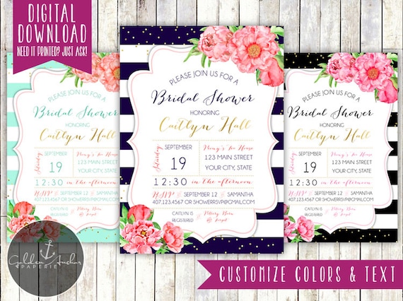 Peony Stripe Bridal Shower Invitation, Watercolor Floral Bridal Shower Invite, Black and White, Navy, Mint - Printable DIY Il_570xn
