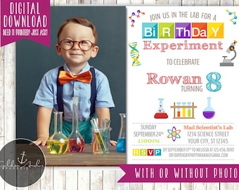 Science Birthday Party Invitation, Science Party Invite, Scientist, Mad Scientist, Photo - Printable DIY