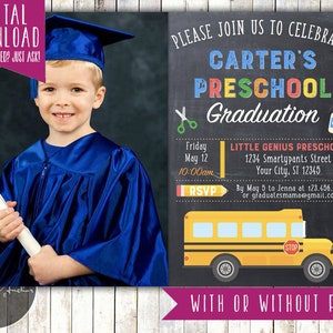 May include: A graduation invitation for a preschool graduation party. The invitation is designed to look like a chalkboard with a yellow school bus and a photo of a child in a graduation cap and gown. The text on the invitation reads "Please join us to celebrate Carter's Preschool Graduation".