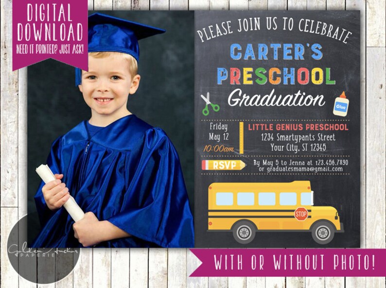 May include: A graduation invitation for a preschool graduation party. The invitation is designed to look like a chalkboard with a yellow school bus and a photo of a child in a graduation cap and gown. The text on the invitation reads "Please join us to celebrate Carter's Preschool Graduation".