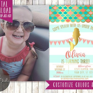 Mermaid Birthday Invitation, Mermaid Invitation, Mermaid Party, Under the Sea, Purple, Coral, Teal, Mermaid, Gold, Photo Printable image 5