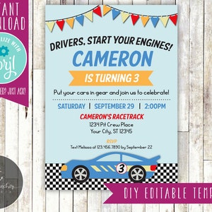 Editable Race Car Birthday Invitation, Race Track, Racecar Birthday, Racetrack, Start Your Engines - Printable DIY - EDITABLE TEMPLATE