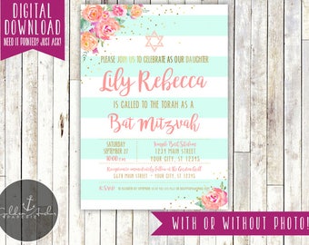 Invitación para Bat Mitzvah, floral, dorada, elegante, con foto - Imprimible DIY