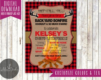 Happy Fall Y'all Birthday Invitation, Bonfire Birthday Invite, Fall Festival Invitation - Printable DIY