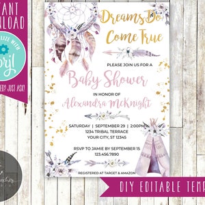 Tribal Baby Shower Invitation, Dreamcatcher Baby Shower, TeePee, Arrows, Baby Girl Shower - Printable DIY - EDITABLE TEMPLATE