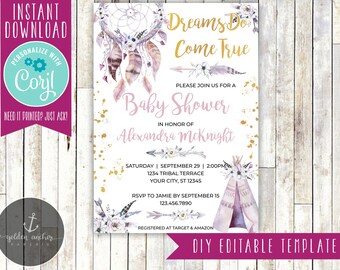 Tribal Baby Shower Einladung, Traumfänger Baby Shower, Tipi, Pfeile, Baby Girl Party - Printable DIY - EDITIERBARE VORLAGE