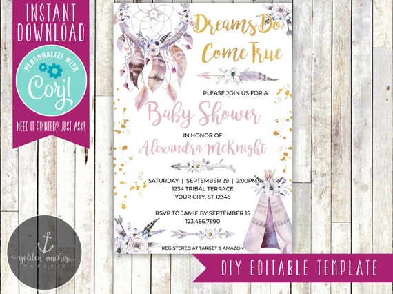 Tribal Baby Shower Invitation, Dreamcatcher Baby Shower, TeePee, Arrows, Baby Girl Shower - Printable DIY - EDITABLE TEMPLATE Il_570xn
